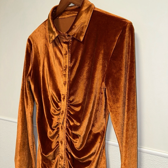 Women’s Long Sleeve Bodycon Dress Turn-Down Collar Velvet Ruched Rust Orange M - Picture 2 of 12